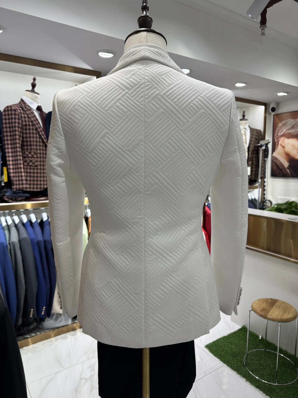 Patterned Elegant White Man Suit Jacket Vest Pants Fashionable 3-pieces Shawl Lapel Groom Wear Modern Customized Chic Set