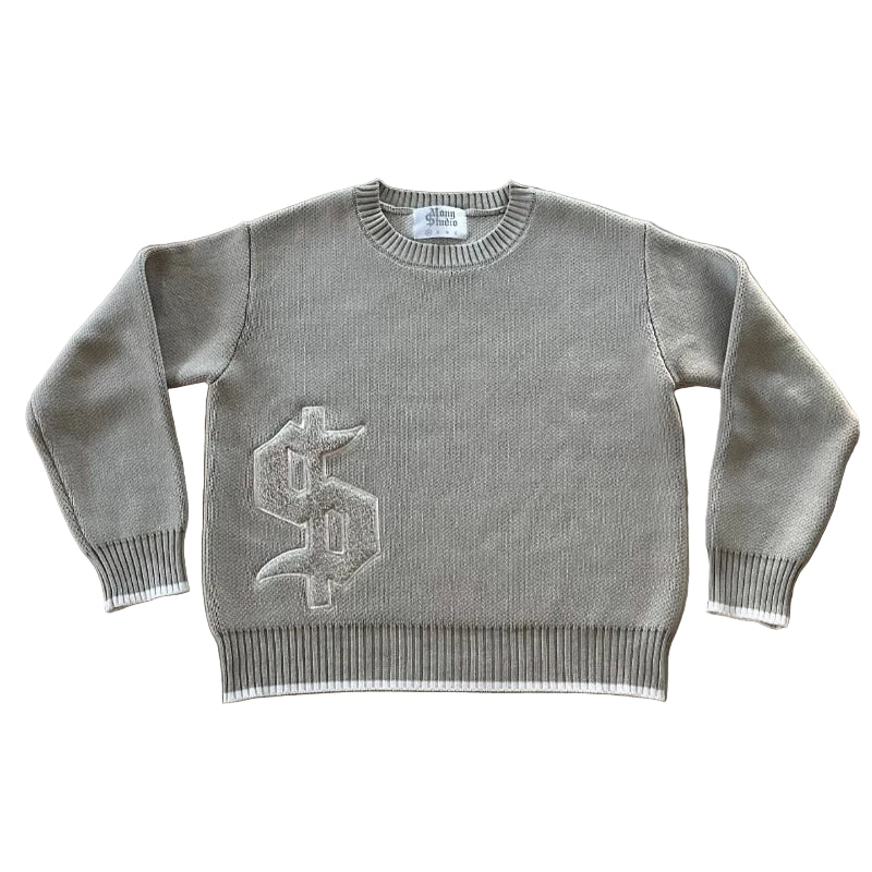 Y2K Grey Long Sleeve Sweater Dollar Gothic Embroidery Pullover Goth Retro Casual Streetwear Old Money Men Boxy Knitted Clothing