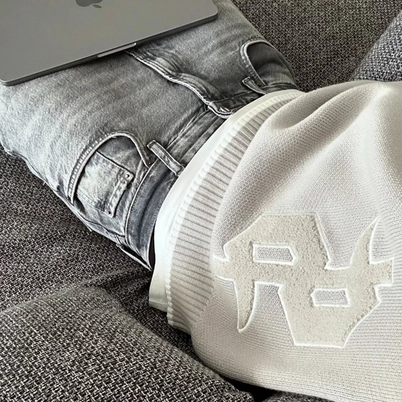 Y2K Grey Long Sleeve Sweater Dollar Gothic Embroidery Pullover Goth Retro Casual Streetwear Old Money Men Boxy Knitted Clothing