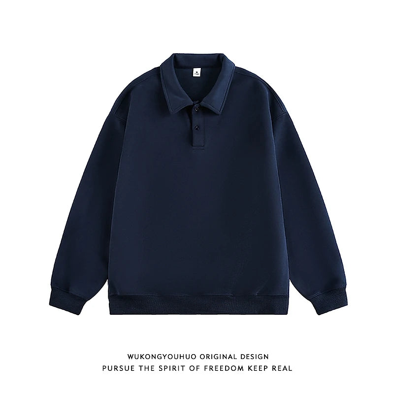 400G Heavy Old Money Style Solid Color Long-sleeved POLO Shirt Men's Autumn Loose Versatile Lapel Sweater Tide