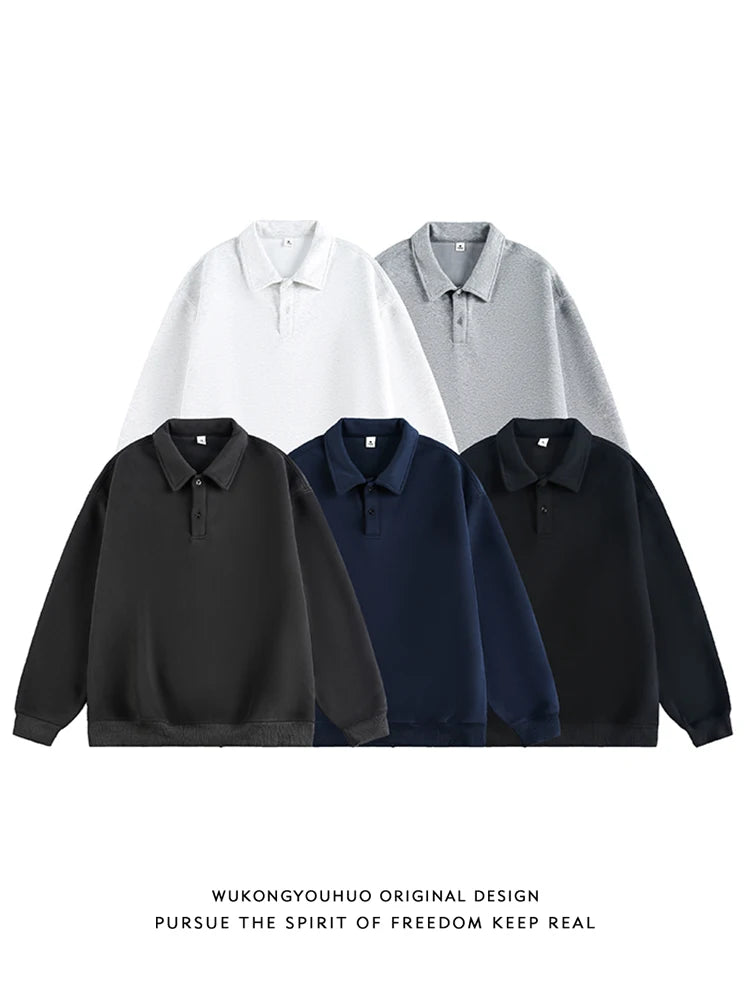 400G Heavy Old Money Style Solid Color Long-sleeved POLO Shirt Men's Autumn Loose Versatile Lapel Sweater Tide