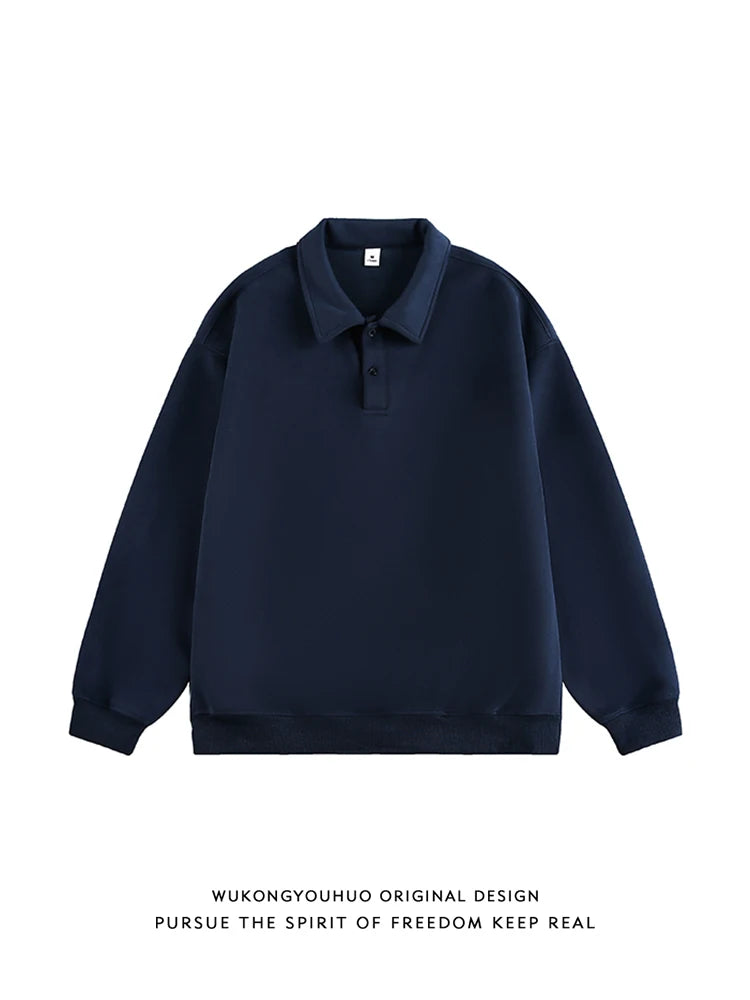 400G Heavy Old Money Style Solid Color Long-sleeved POLO Shirt Men's Autumn Loose Versatile Lapel Sweater Tide