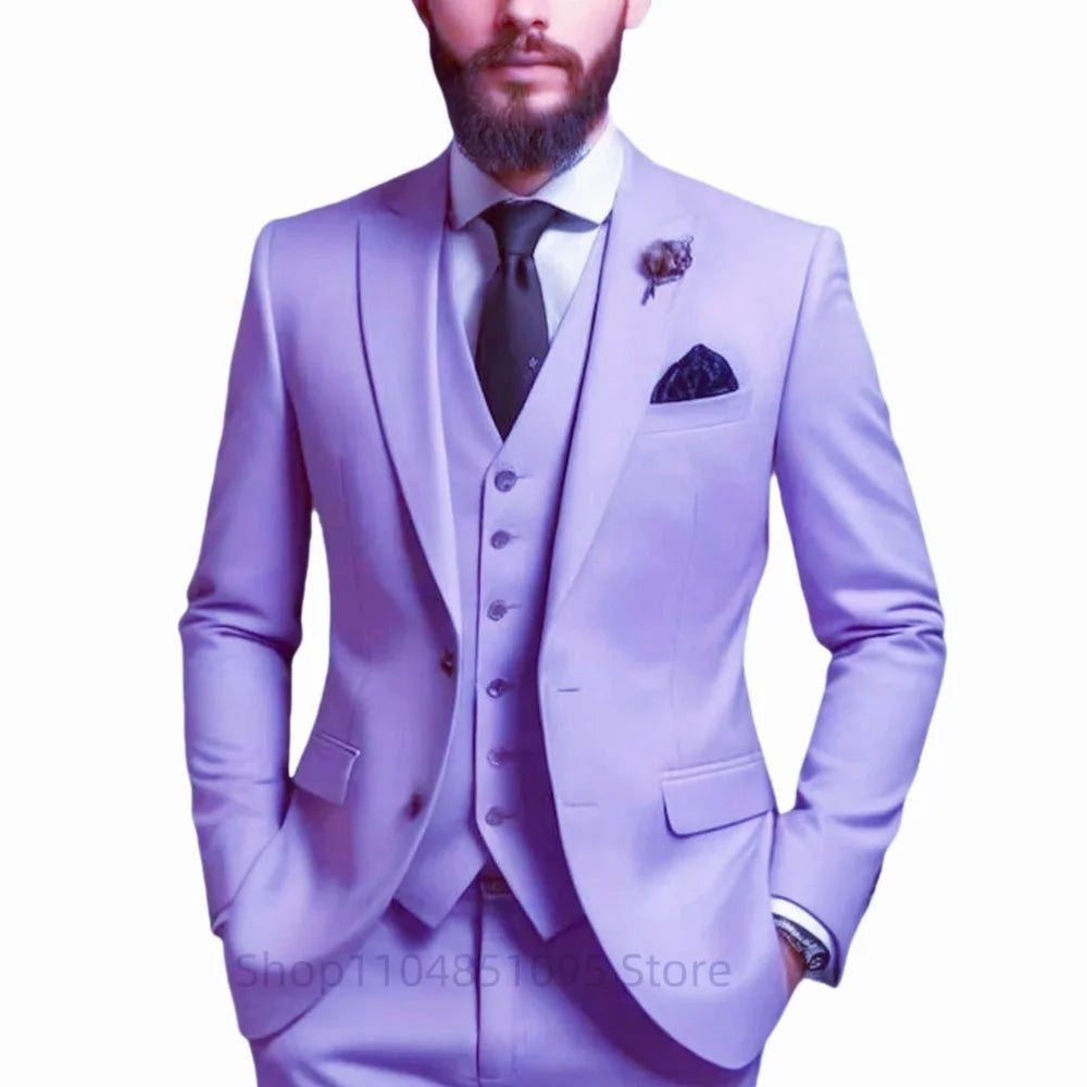 Purple Suits for Men Slim Fit Groom Wedding Suits Tuxedo Best Man Blazer Vest Pants 3 Pieces Trendy Fashion Marriage Costume