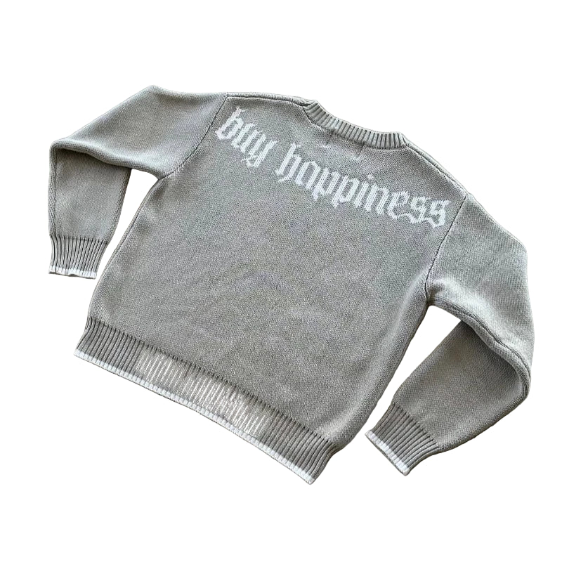 Y2K Grey Long Sleeve Sweater Dollar Gothic Embroidery Pullover Goth Retro Casual Streetwear Old Money Men Boxy Knitted Clothing