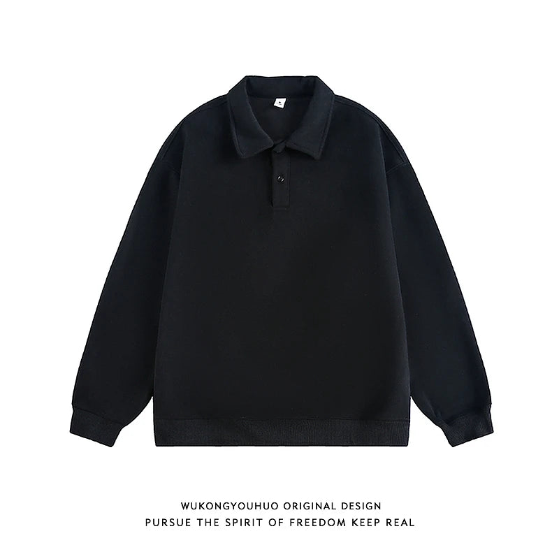 400G Heavy Old Money Style Solid Color Long-sleeved POLO Shirt Men's Autumn Loose Versatile Lapel Sweater Tide